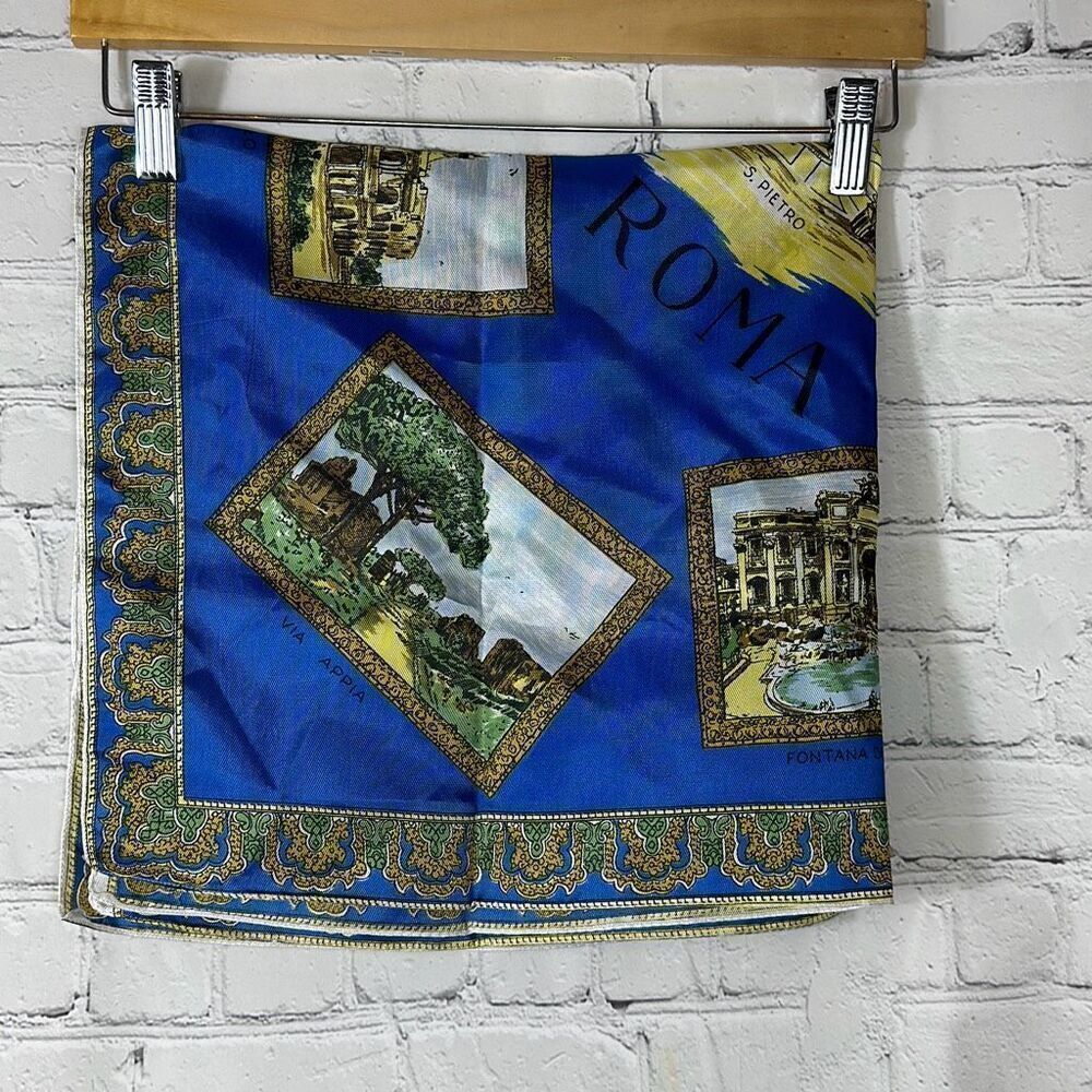 Roma Womens Scarf Italian Travel Landmark‎ Souvenir Rome Polyester Blue Gold
